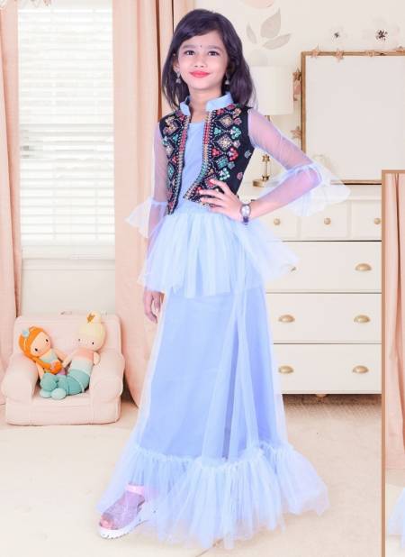 Sky Blue Colour New Fancy Designer Festive Wear cotton Mirror work Kids Gown Collection HOOLLI 01